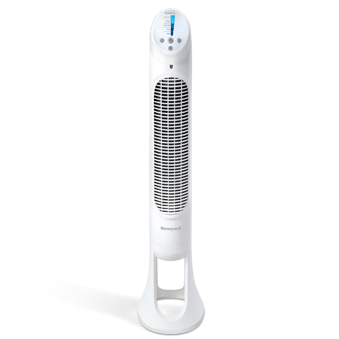Honeywell QuietSet Tower Fan front view shows sleek white design for whole-room cooling