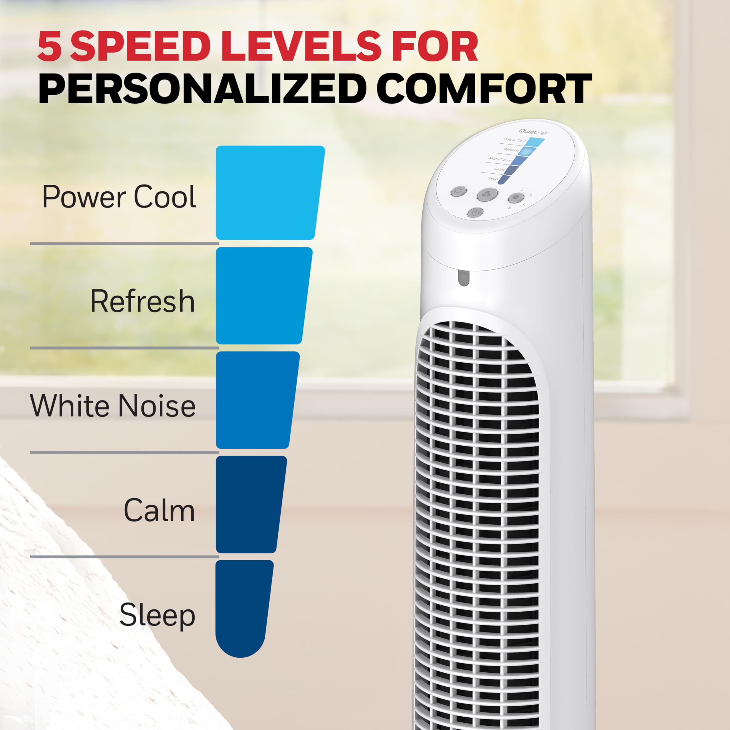 Honeywell QuietSet Tower Fan demonstrates oscillating, wide-room coverage