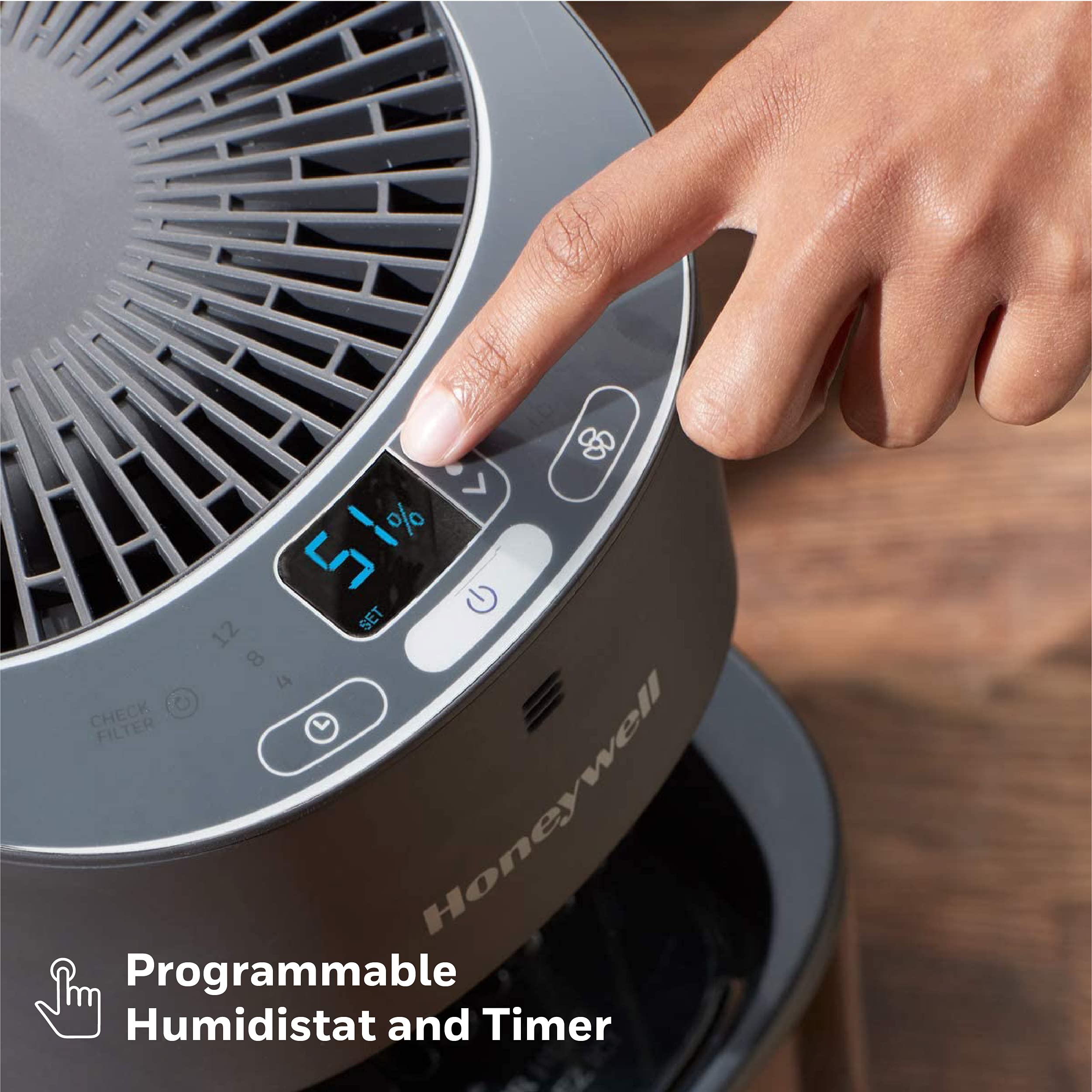 Honeywell top fill tower humidifier runs up to 24 hours for overnight comfort.
