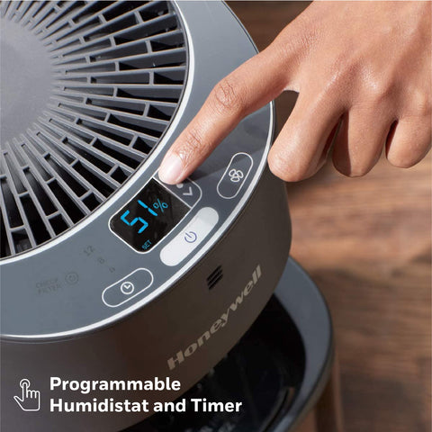 Honeywell top fill tower humidifier runs up to 24 hours for overnight comfort.