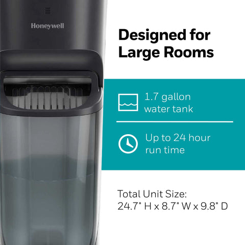 Honeywell top fill tower humidifier auto-off and refill light for easy monitoring.