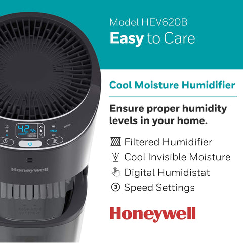Honeywell top fill tower humidifier digital humidistat for precise humidity control in rooms.