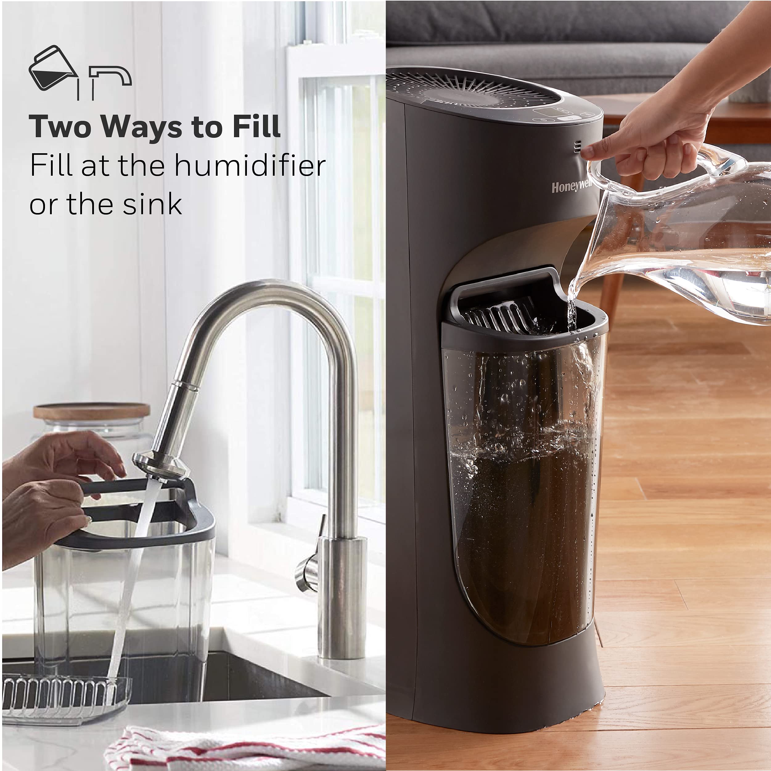 Honeywell top fill tower humidifier slim design fits beside beds and desks.