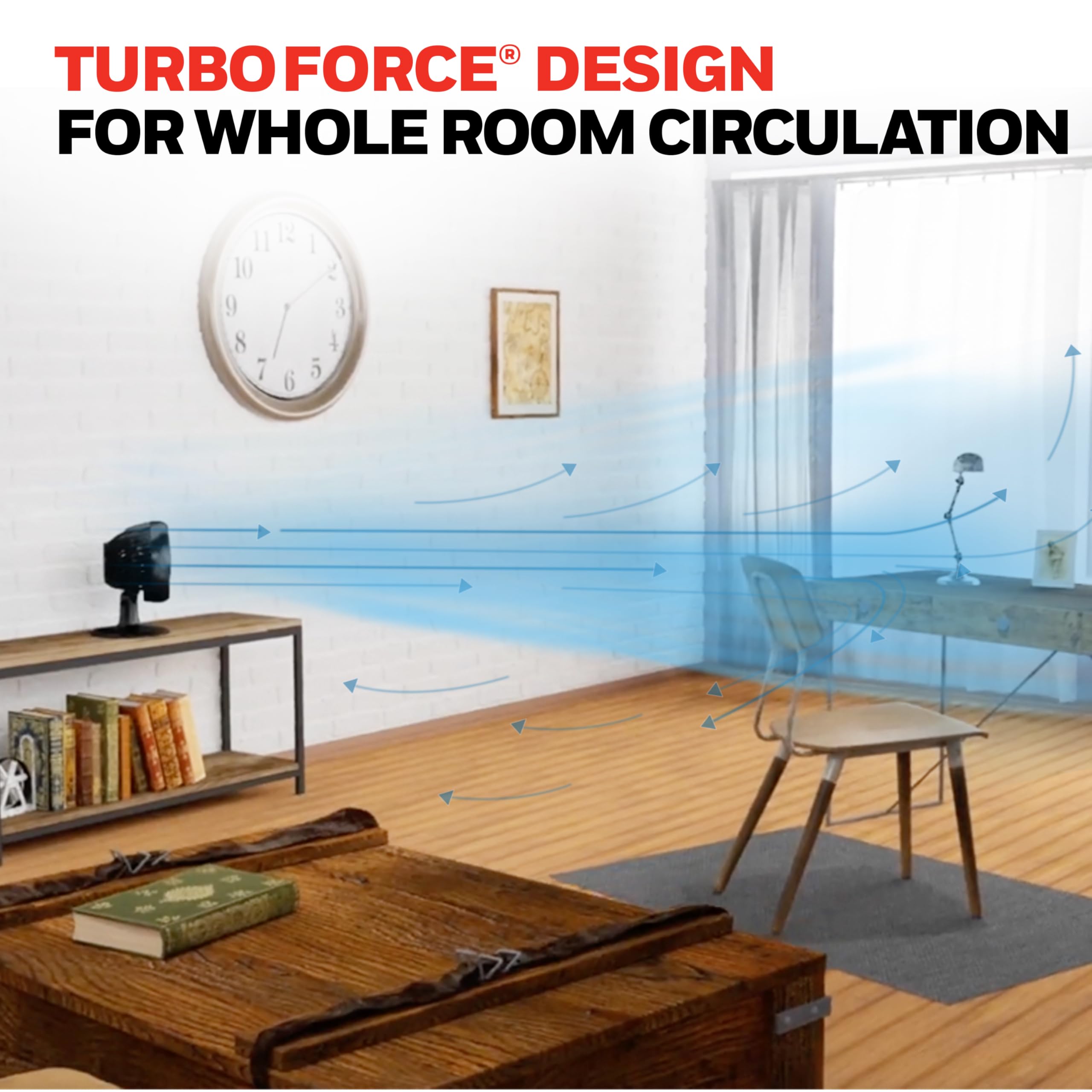 Air circulation focus demonstrates room-wide airflow with strategic placement