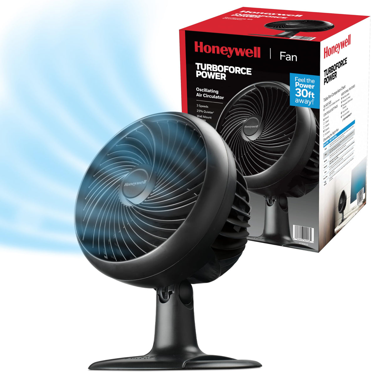 Honeywell Turbo Force front view shows compact desk fan delivering strong airflow for cooling