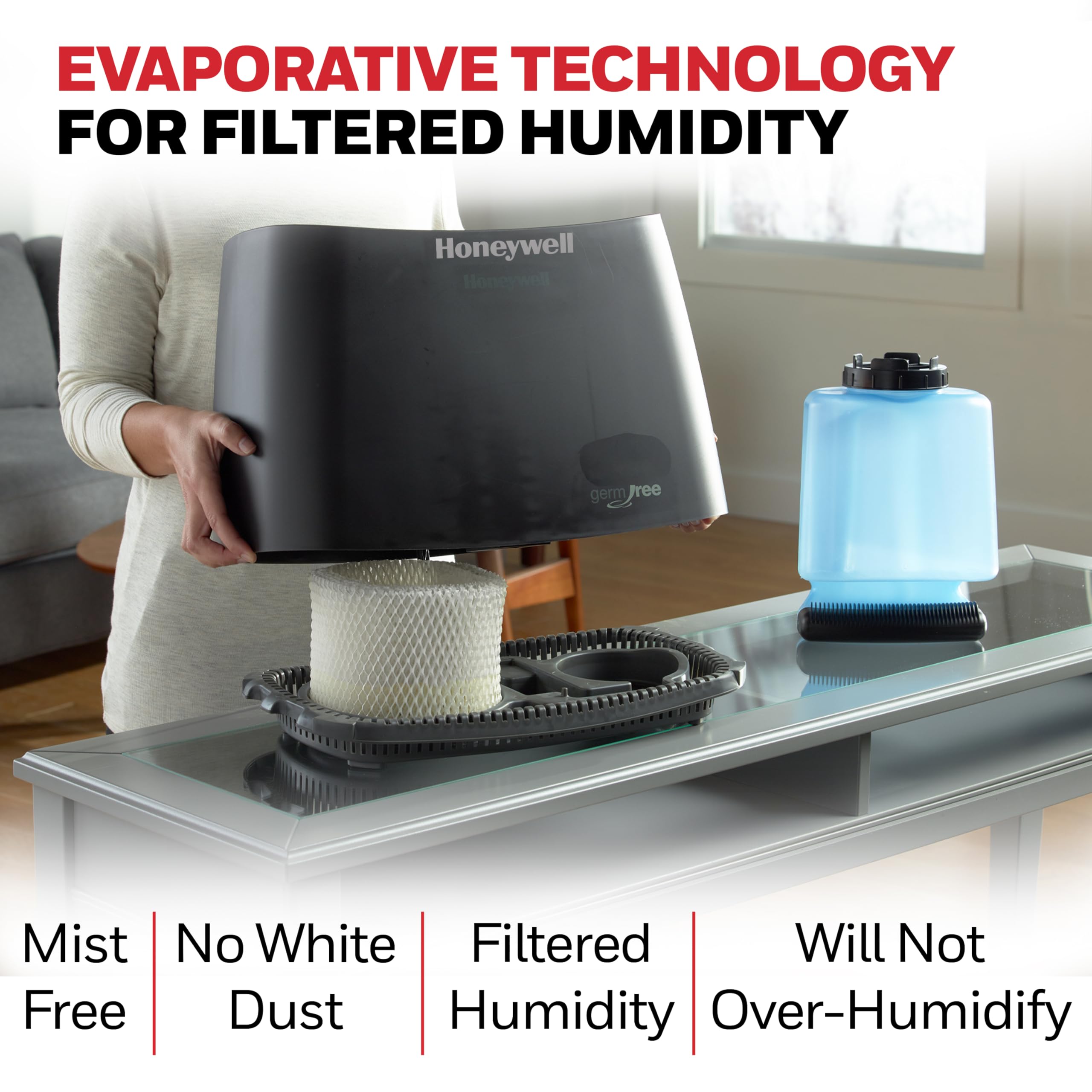 Honeywell wicking filter captures minerals to keep mist cleaner.