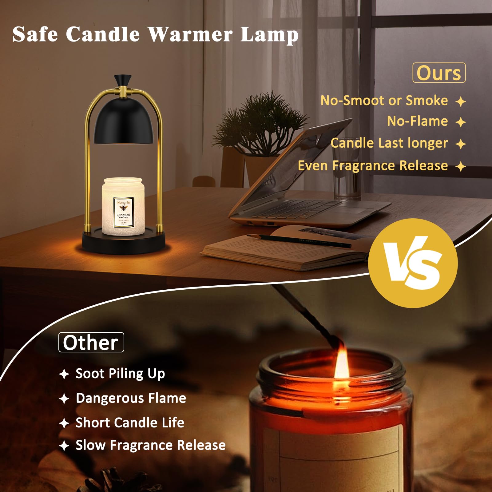 Hong-in candle warmer lamp metal base with non-slip pad for stability.