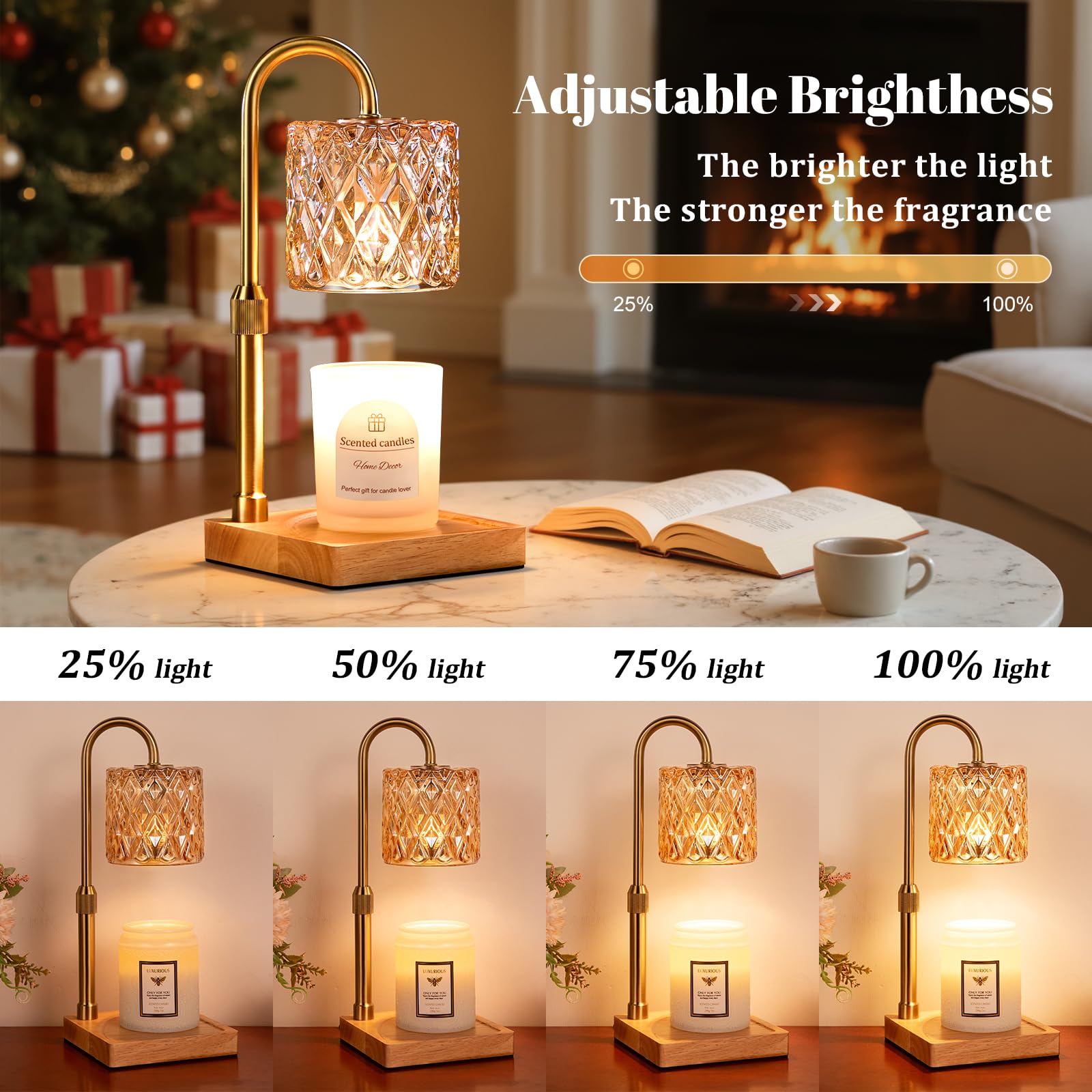 Hong-in wax melt warmer with wooden base and amber glow for elegant decor.