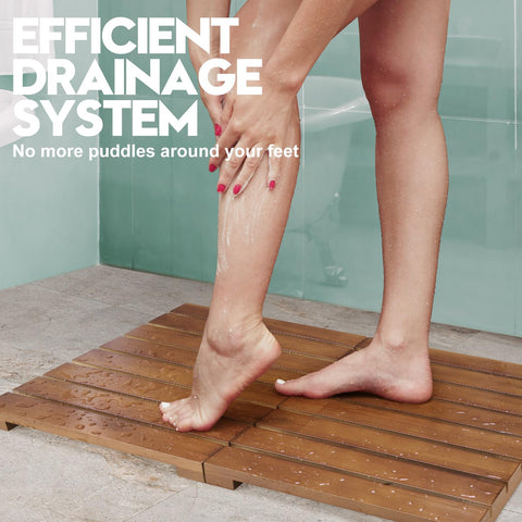 HONGJUNLEE teak shower mat drainage-slats dry bathroom floors quickly.