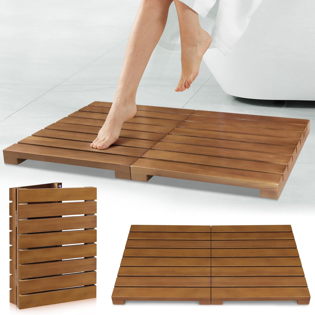 HONGJUNLEE teak shower mat foldable-design enhances storage and adds luxury to your bathroom.