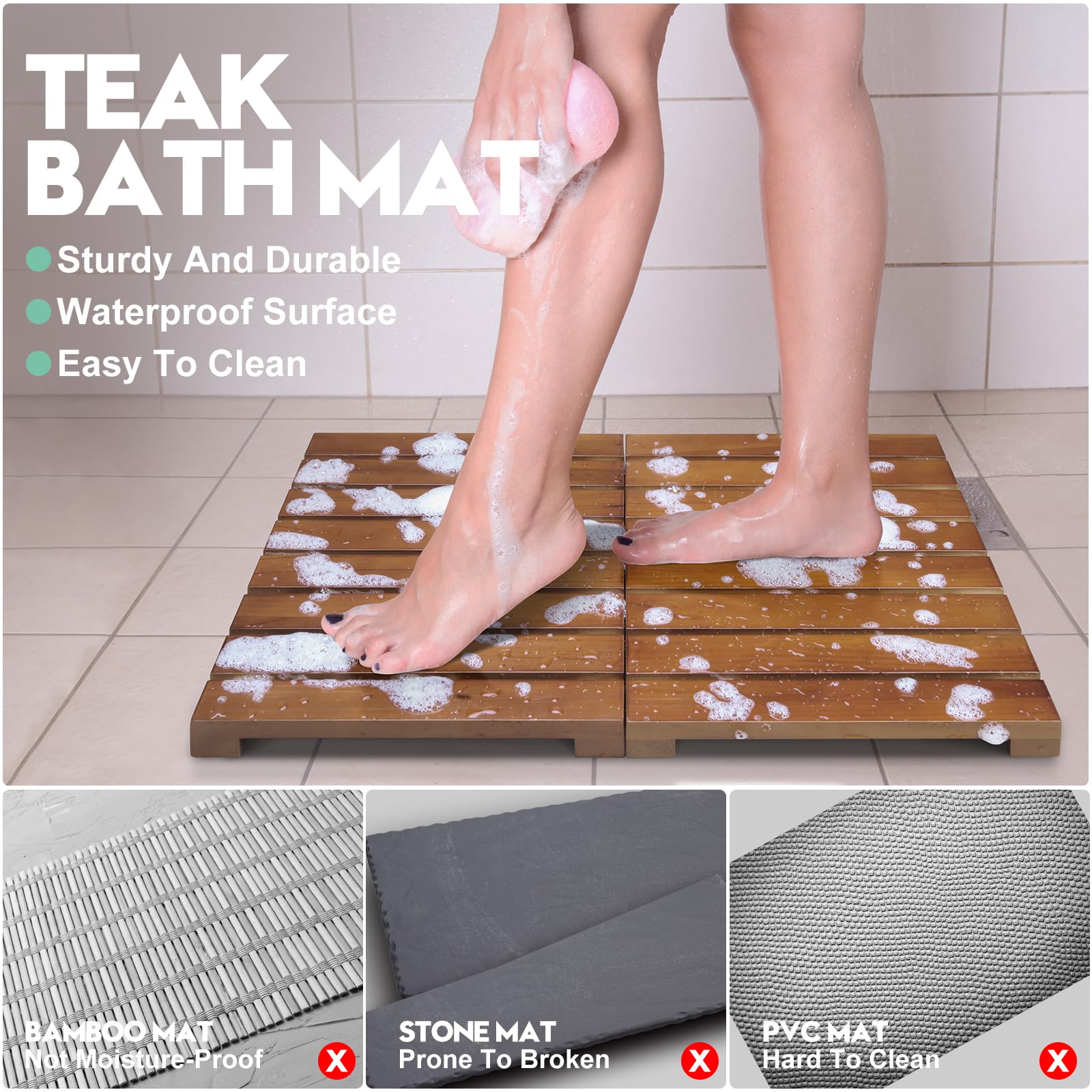HONGJUNLEE teak shower mat ready-out-of-the-box simple setup.