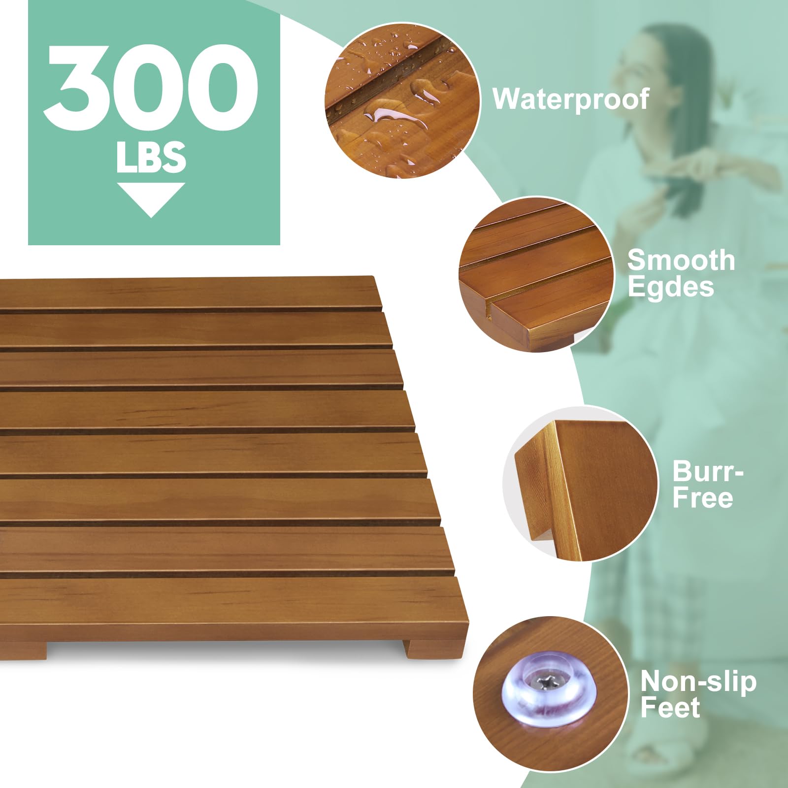 HONGJUNLEE teak shower mat varnish-coated durable finish resists moisture.