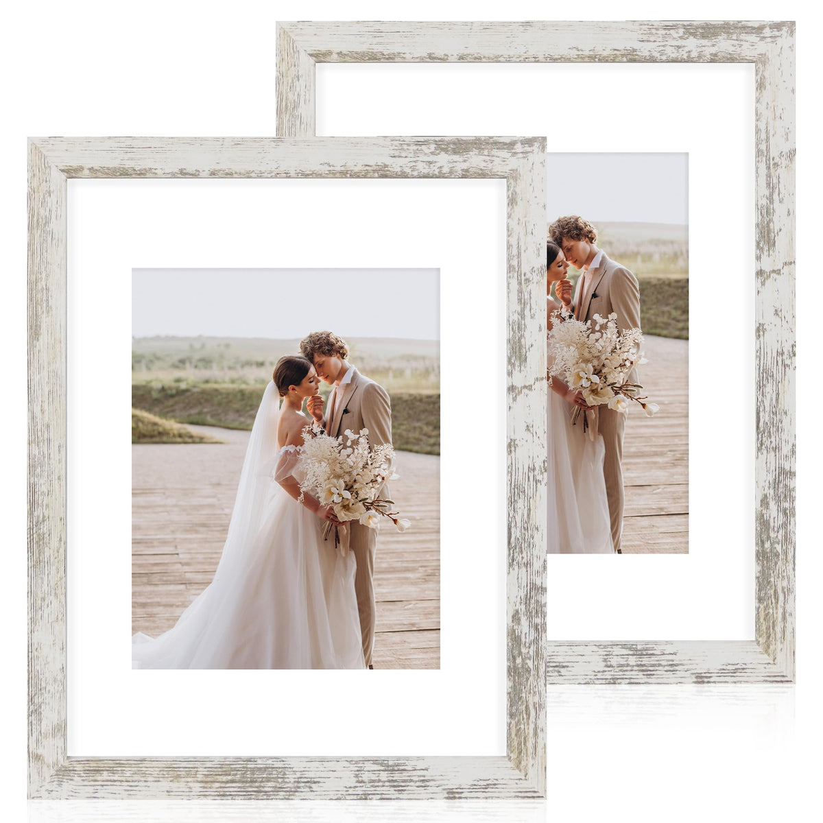 Hongkee 11x14 frame with glass front in distressed white wood for wall display.