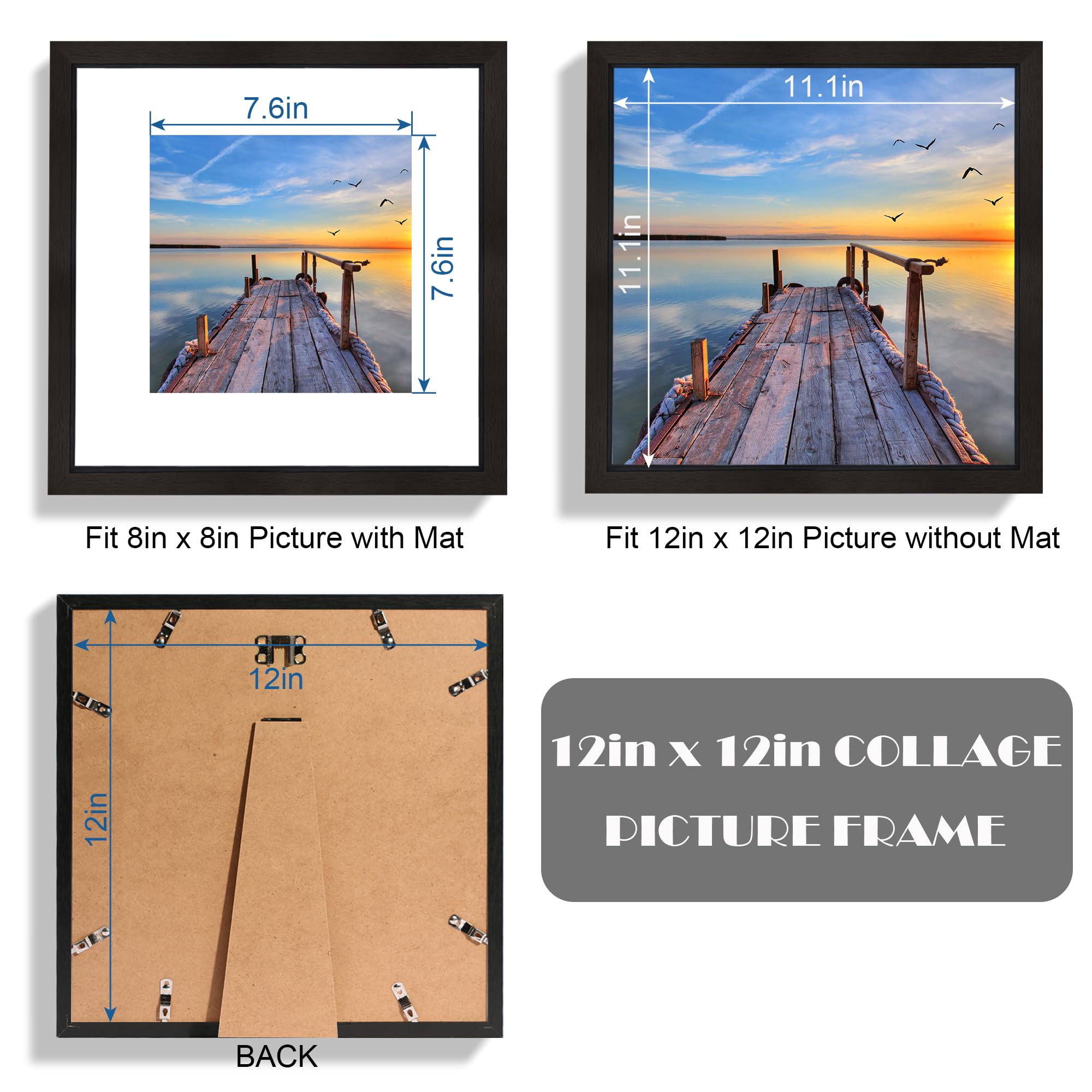 Hongkee 12x12 black frame mat compatibility close-up showing 8x8 photo with mat.