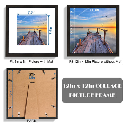 Hongkee 12x12 black frame mat compatibility close-up showing 8x8 photo with mat.