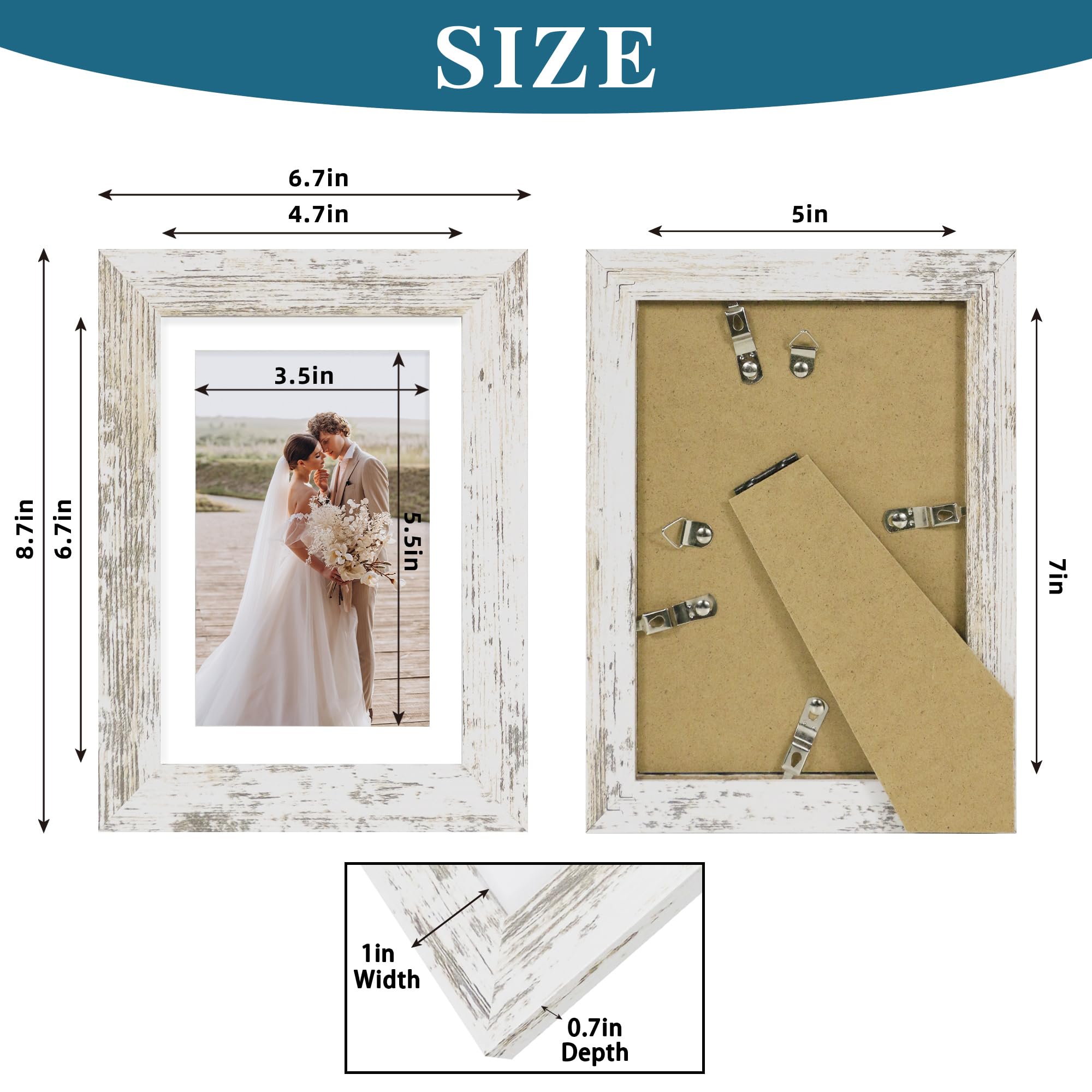 Hongkee 4-pack fits 4x6 photos with mat or 5x7 without mat.