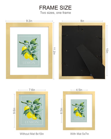 Hongkee 8x10 gold frame back with mat shows two photo sizes