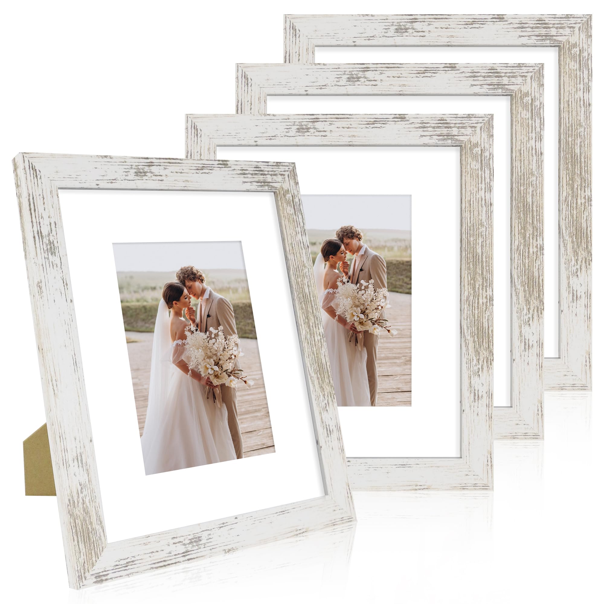 Hongkee 8x10 frame front view with real glass and distressed white wood finish, ideal for wall display.