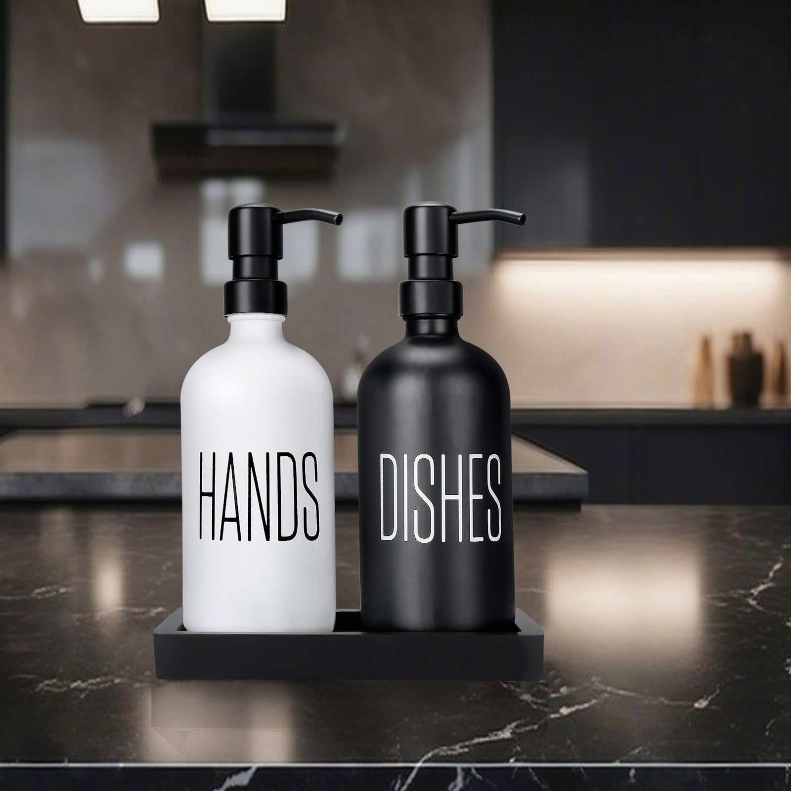 Hongno hand and dish soap bottles with permanent labels reduce counter clutter.
