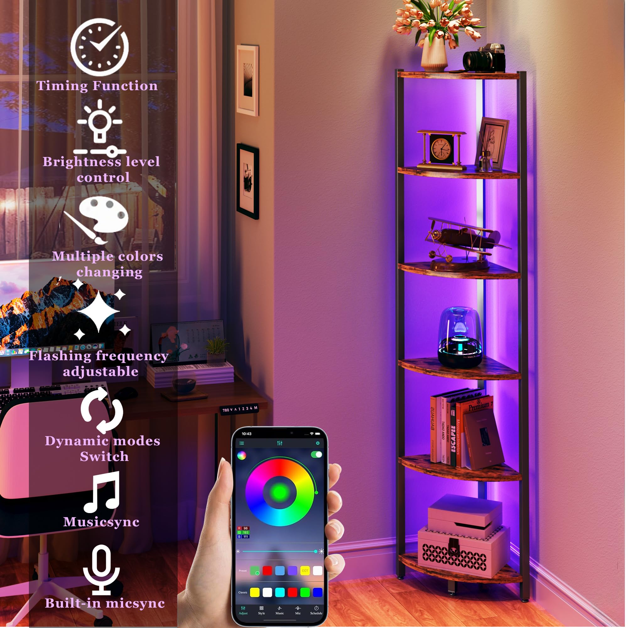 HONGOUZWL 66inch 6-tier corner shelf steel frame ideal for books and decor.