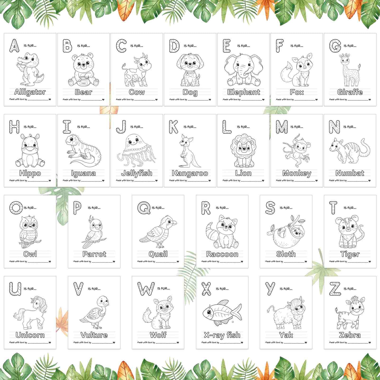 Hongpar alphabet coloring pages A to Z offer delightful coloring moments.