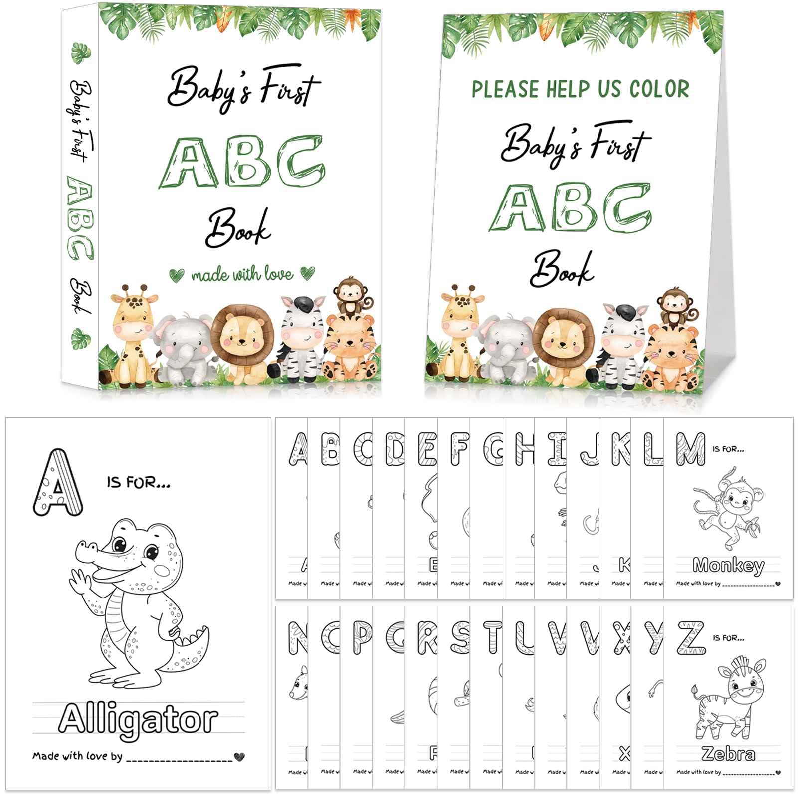 Hongpar Safari ABC coloring pages for a baby shower activity that engages guests.