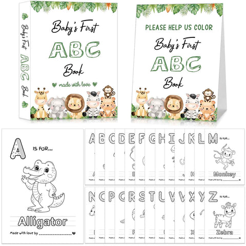 Hongpar Safari ABC coloring pages for a baby shower activity that engages guests.