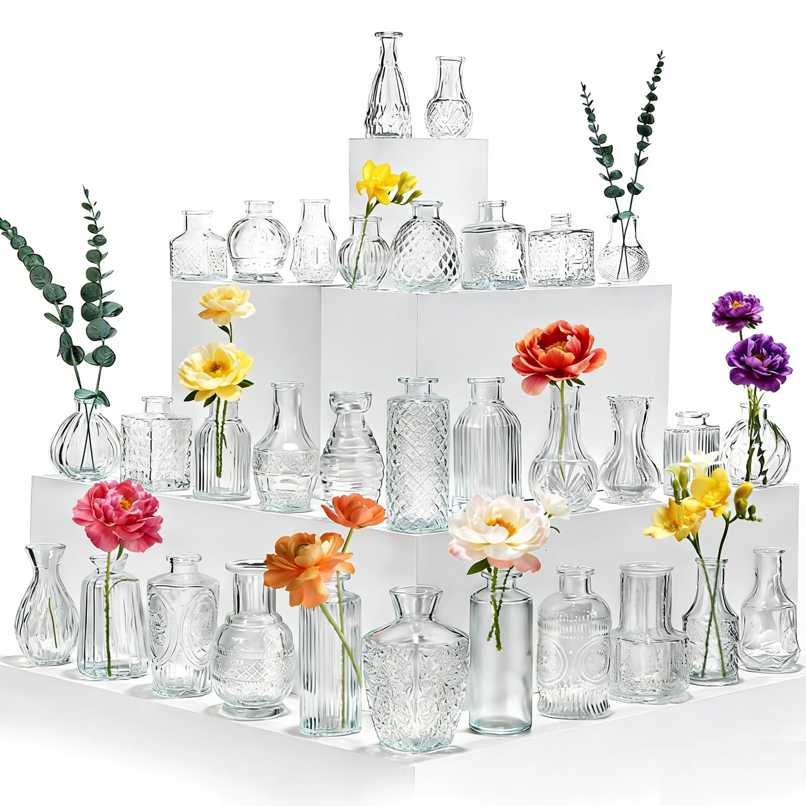 Hongqu US 36-piece glass bud vases set for bulk wedding decor and table centerpieces.