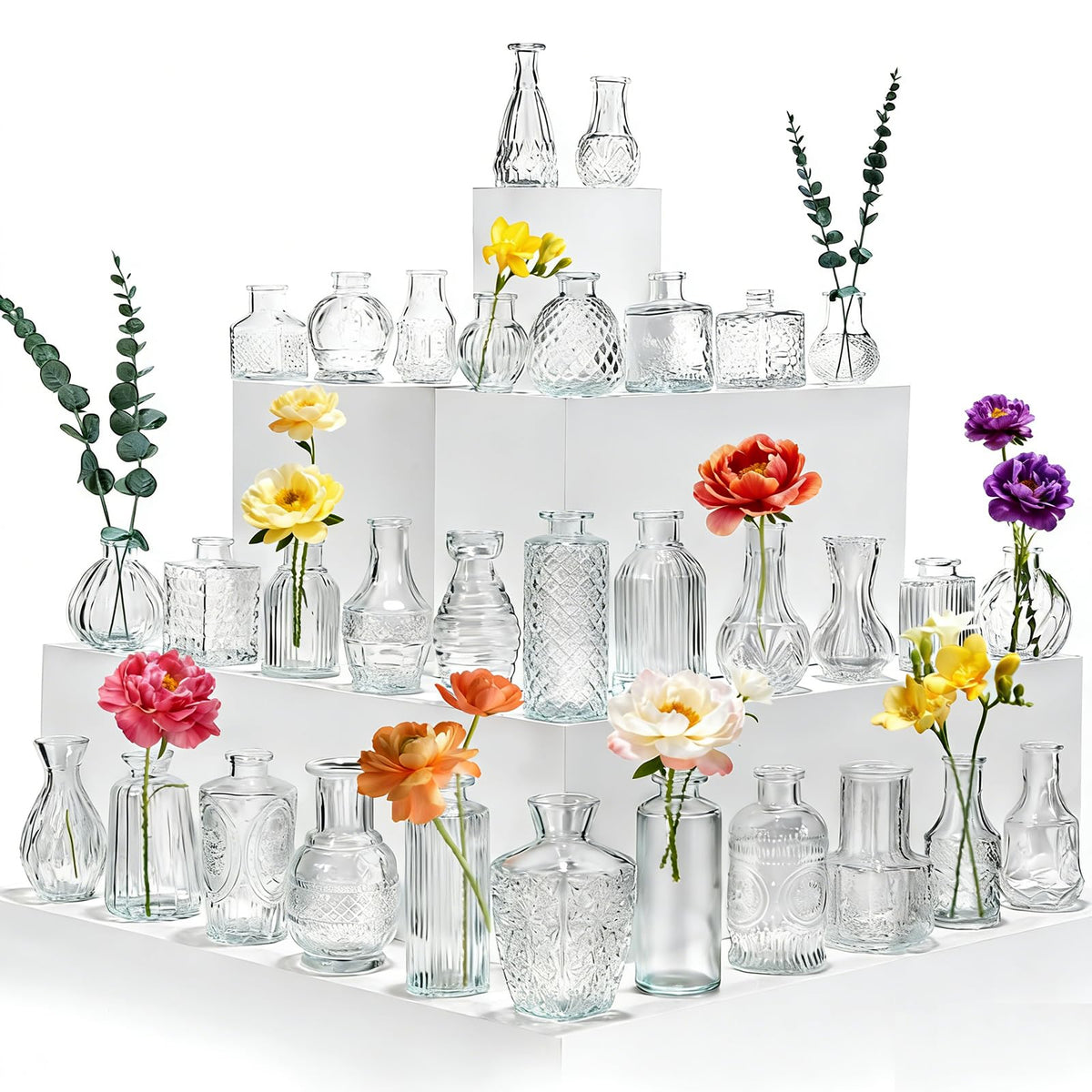 Hongqu US 36-piece glass bud vases set for bulk wedding decor and table centerpieces.
