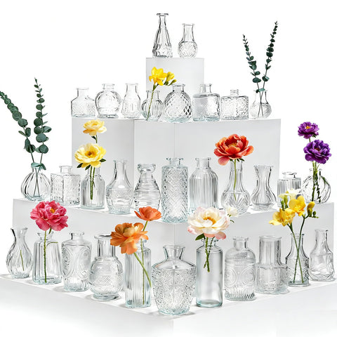Hongqu US 36-piece glass bud vases set for bulk wedding decor and table centerpieces.