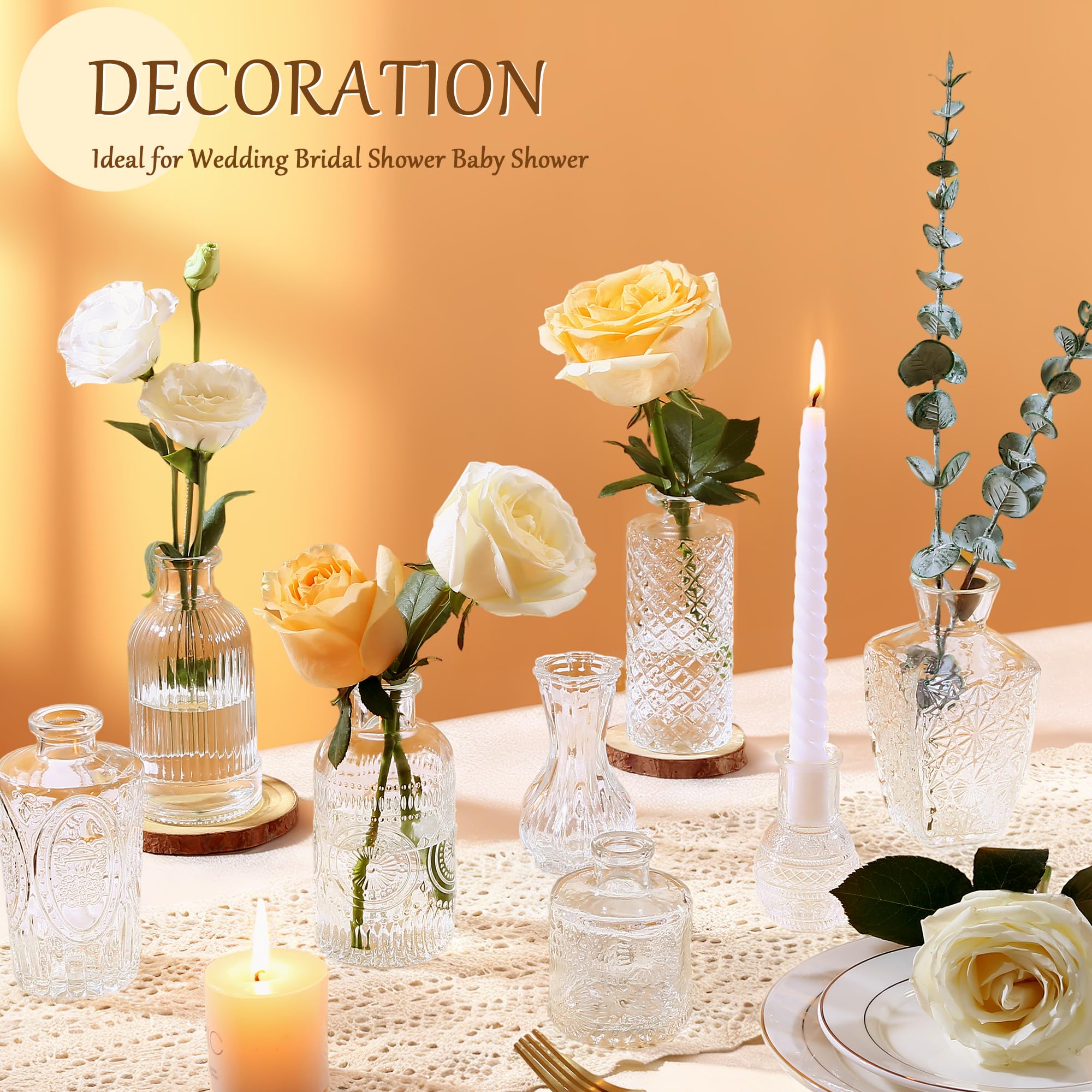 Hongqu US clear glass bud vases highlight delicate light reflections for elegant tables.