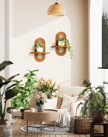 Hongsane boho shelves in walnut highlight photos on a wall display.
