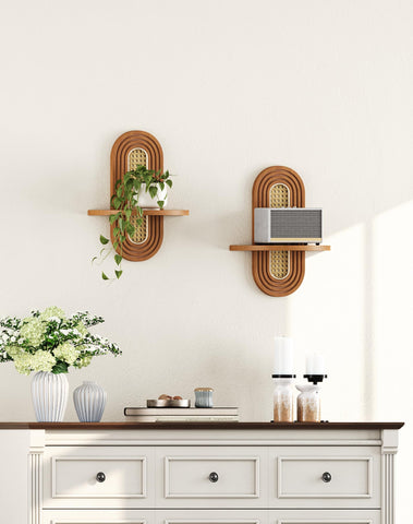 Hongsane walnut shelves used in a dining area for lightweight decor.