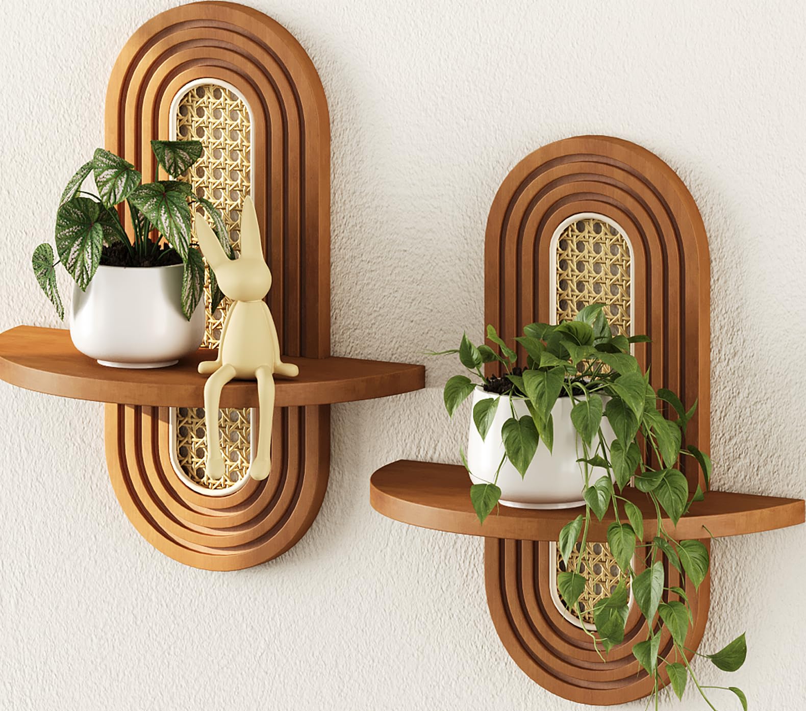 Hongsane walnut floating shelf displaying a small plant for a cozy living room.