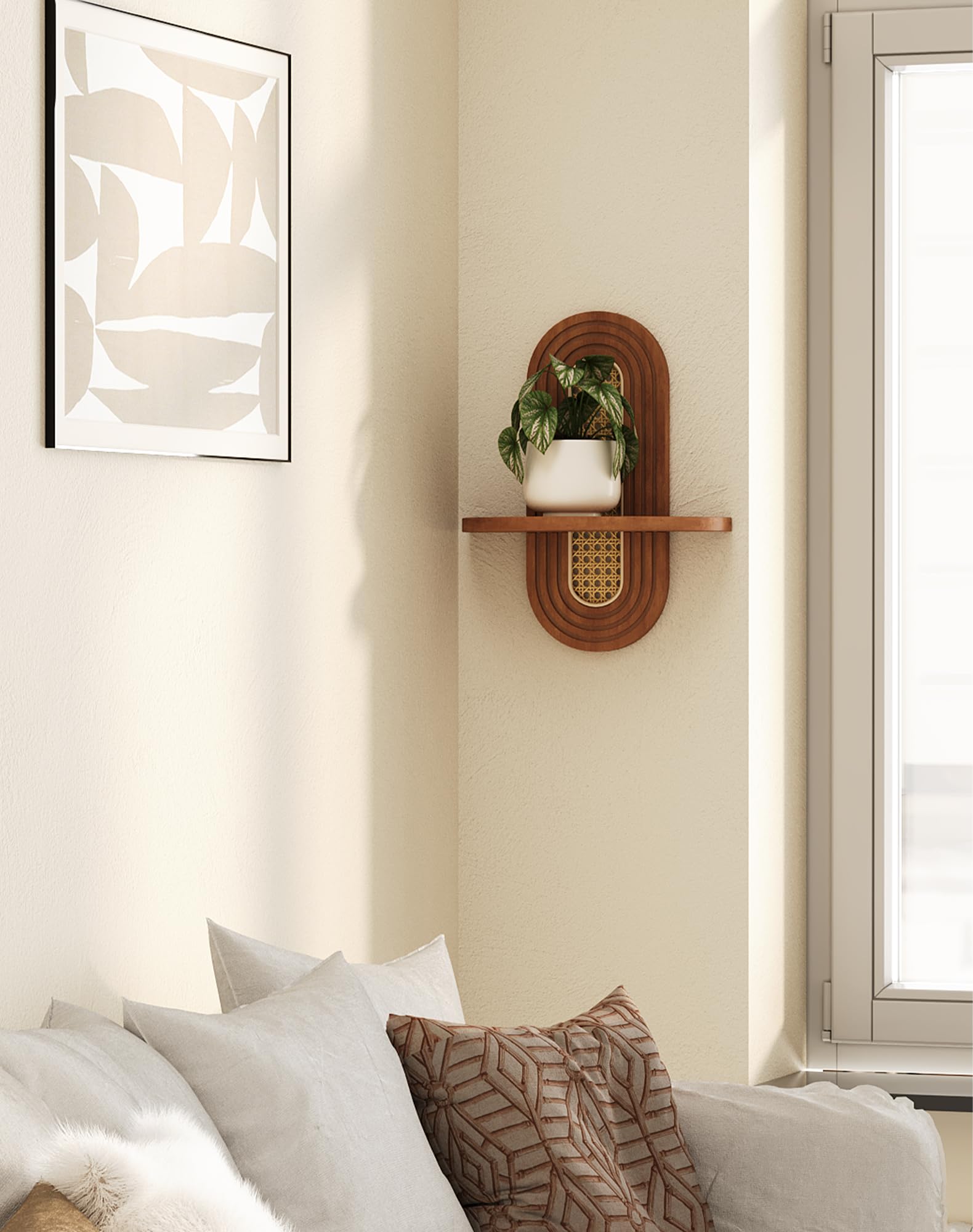 Hongsane walnut shelf detail showing woven rattan accents.