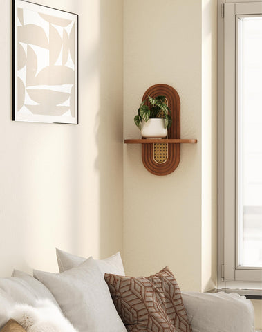 Hongsane walnut shelf detail showing woven rattan accents.