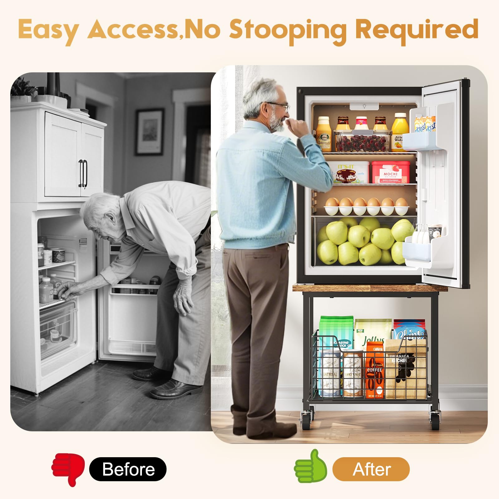 Hongtamoya mini fridge stand with wheels, drawer open for easy access and organization