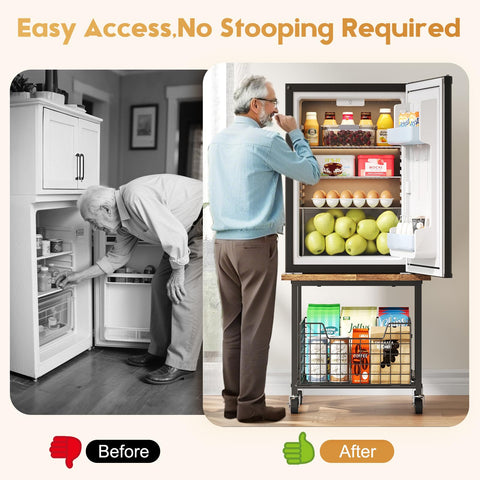Hongtamoya mini fridge stand with wheels, drawer open for easy access and organization