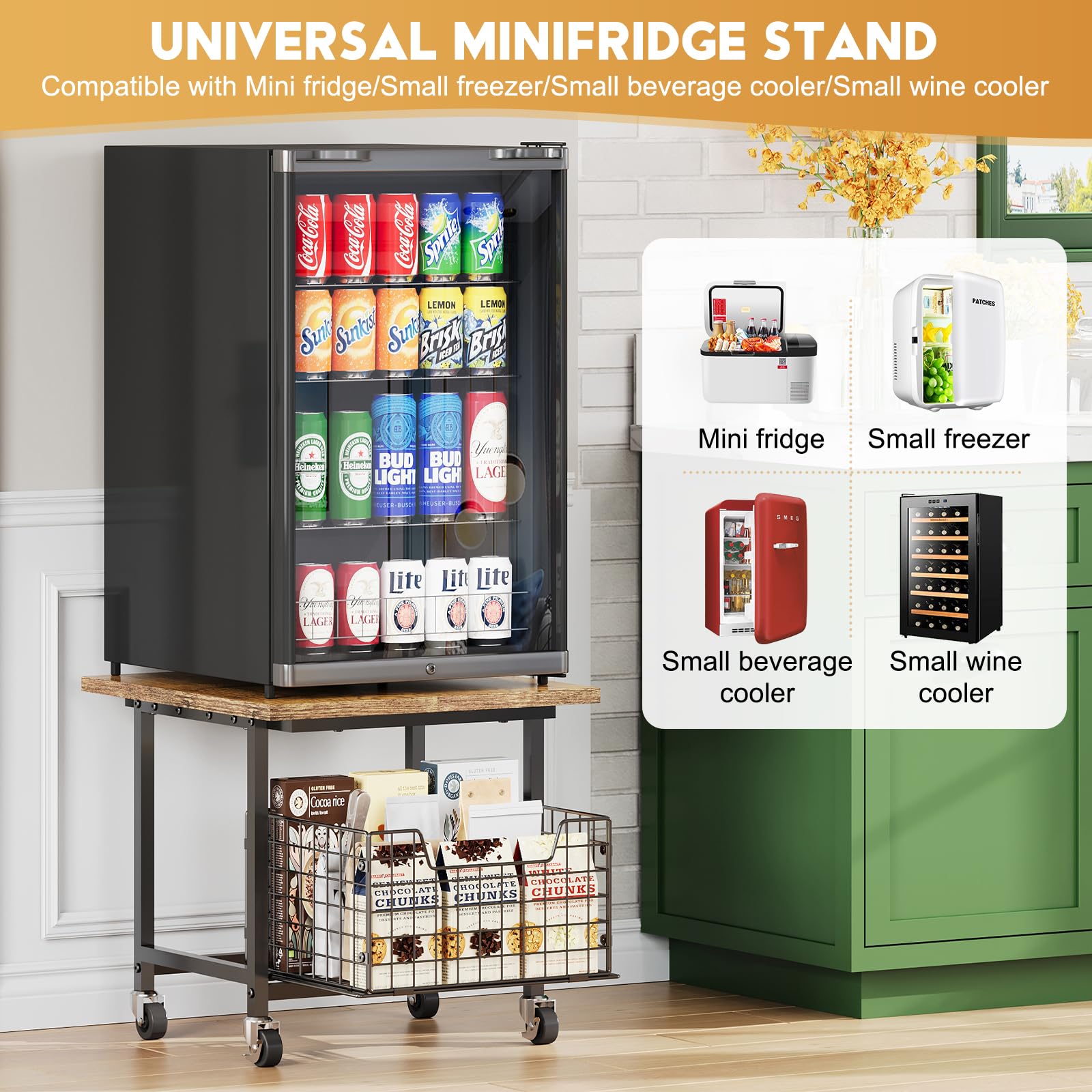 Hongtamoya mini fridge stand with wheels, locking casters improve mobility and security