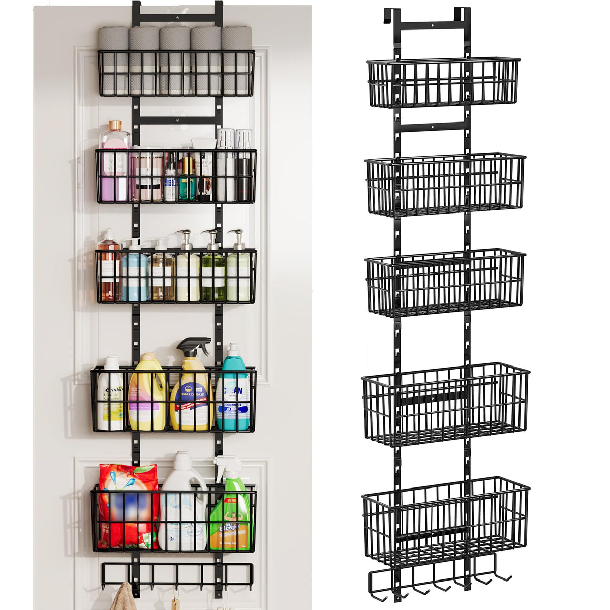 Hongtamoya over-the-door organizer with five baskets and seven hooks for pantry organization