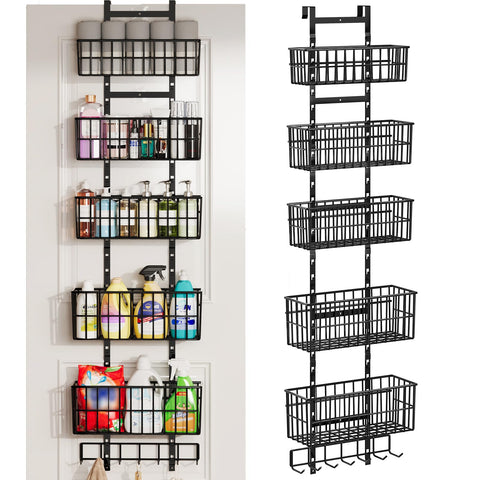 Hongtamoya over-the-door organizer with five baskets and seven hooks for pantry organization
