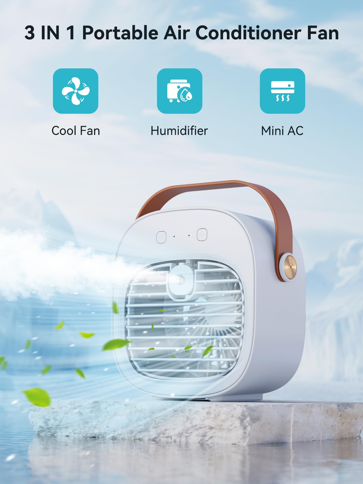 Honiitaa green mini air conditioner showing wireless, rechargeable battery use.