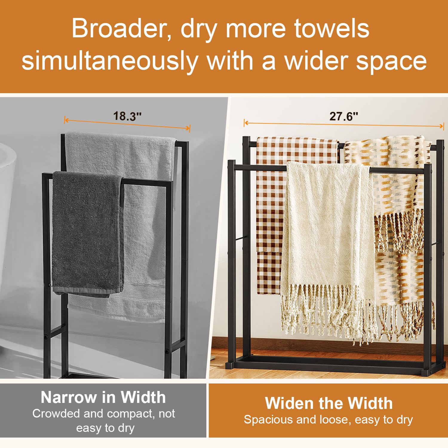 Honiter oversized towel drying rack boosts airflow for quicker drying.