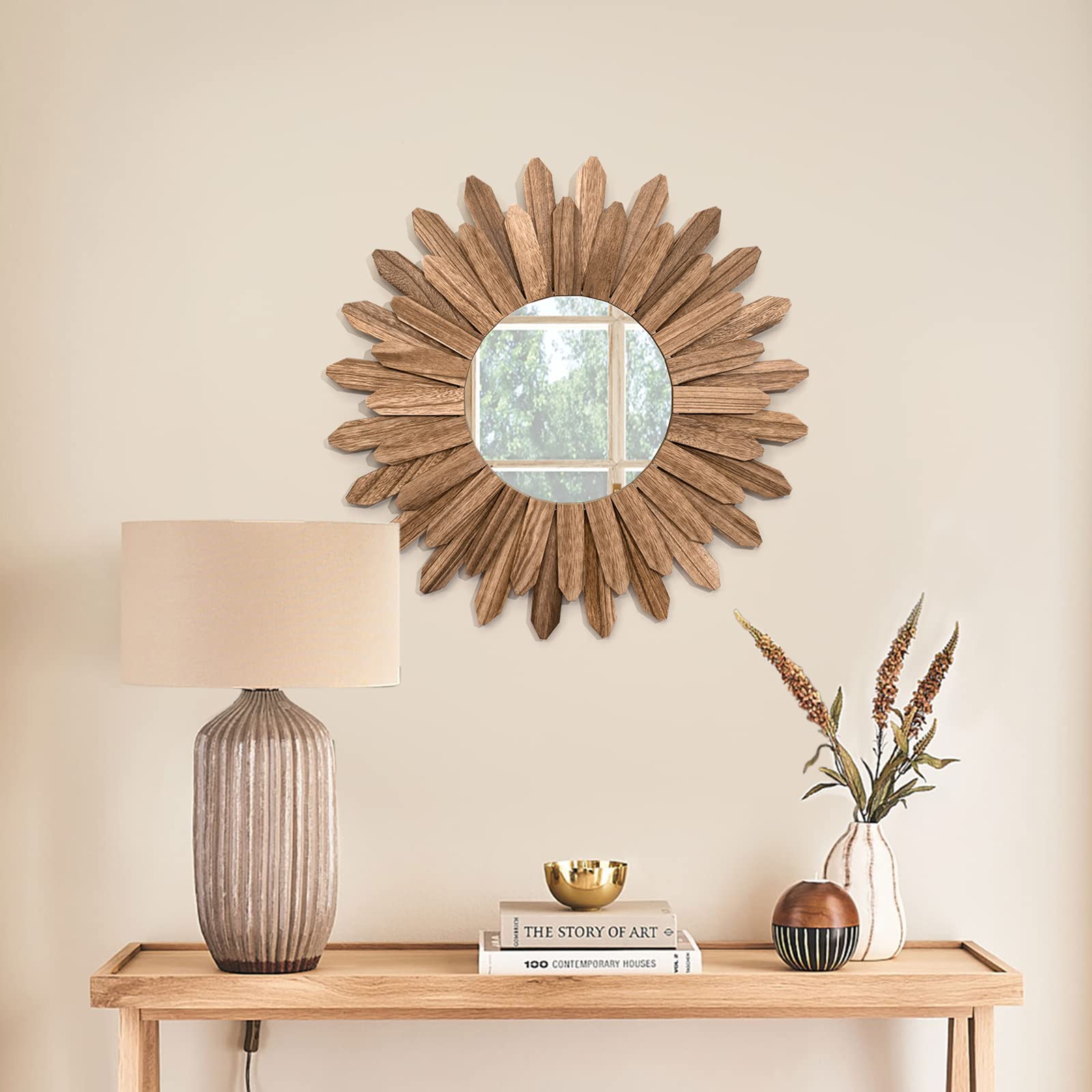 Honiway mirror complements farmhouse and boho interiors with natural wood warmth.
