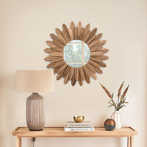 Honiway mirror complements farmhouse and boho interiors with natural wood warmth.