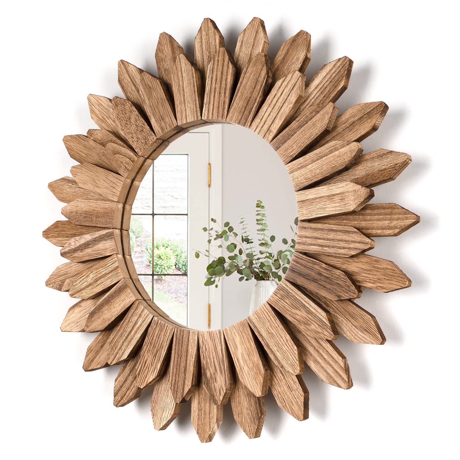 Honiway sunburst wall mirror 12-inch in carbonized black adds rustic texture.