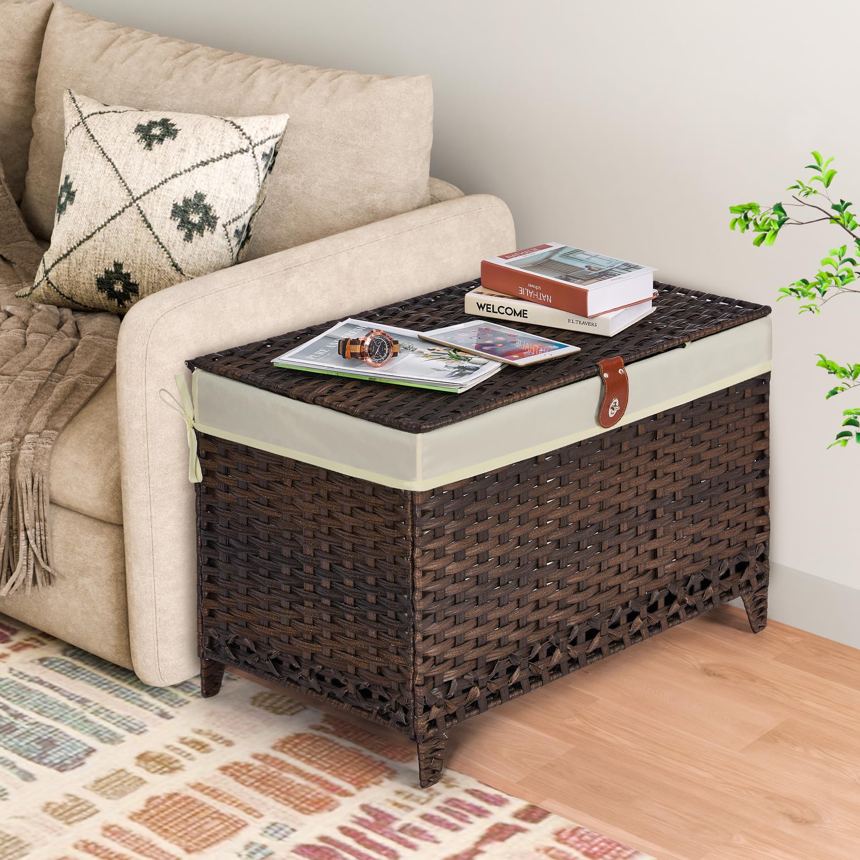 Honjourai storage basket beside sofa for cushions and throws.