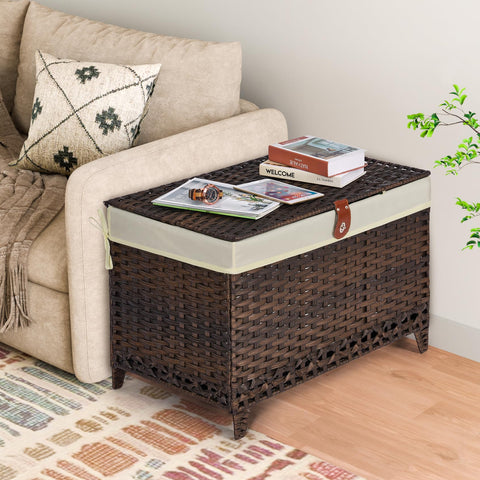 Honjourai storage basket beside sofa for cushions and throws.