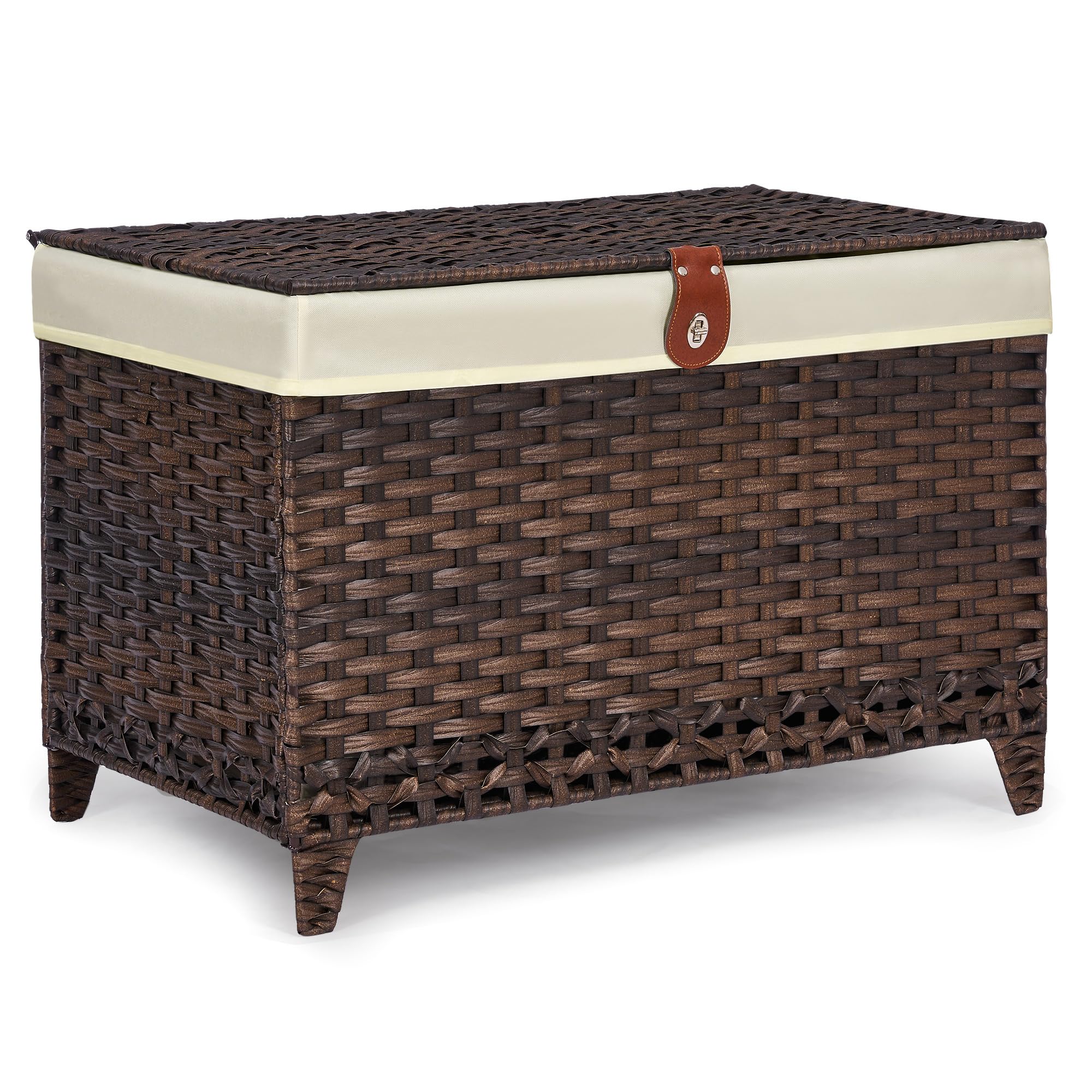 Honjourai wicker storage basket with lid keeps clothing accessible and dust-free.
