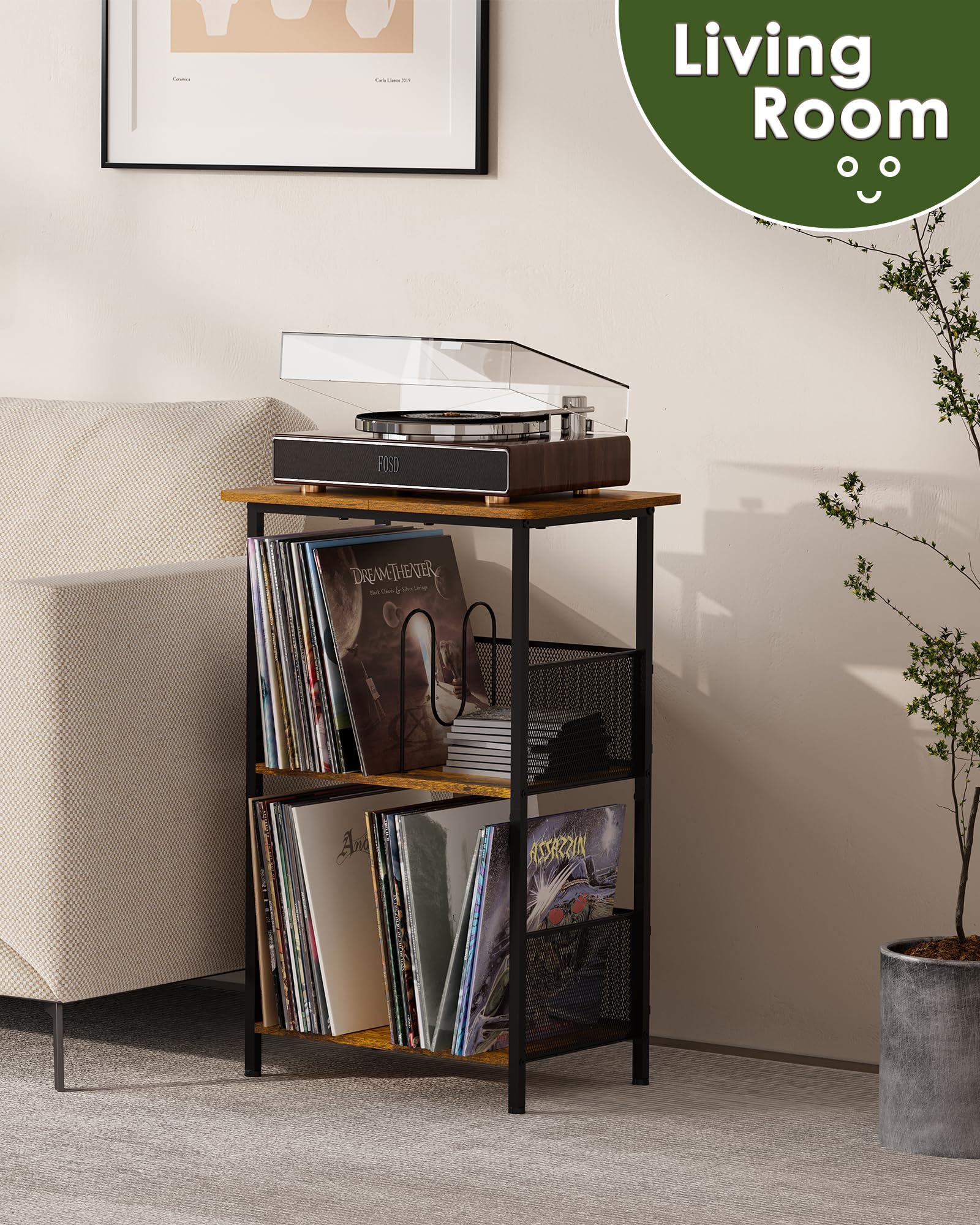 Honkazita record stand in living room as a display and storage piece